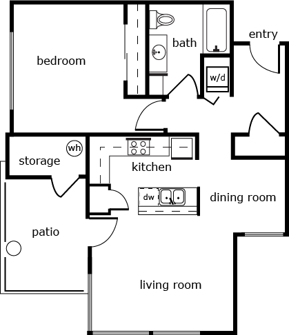 Floor plan for 1 bed, 1 bath, 864 sqft